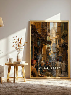 Midaq Alley watercolour print in frame leaning in hallway – literary fiction wall art