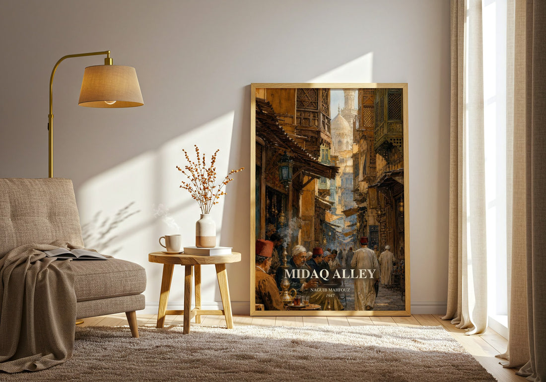 Midaq Alley watercolour print in frame leaning in hallway – literary fiction wall art