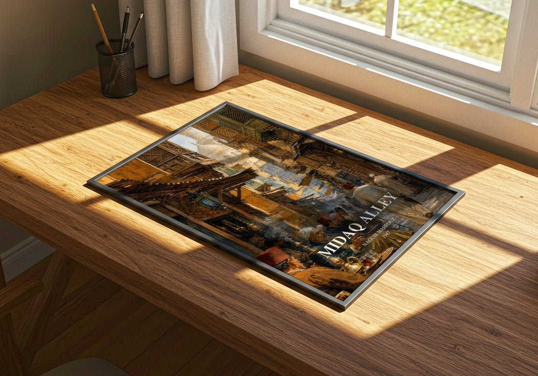 Midaq Alley watercolour book poster framed on wall – literary fiction wall art