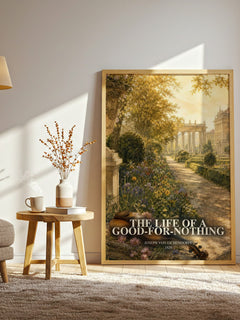 The Life of a Good-For-Nothing watercolour print in frame leaning in hallway – classic literature wall art