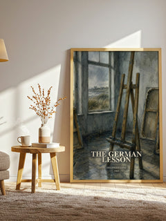 The German Lesson watercolour print in frame leaning in hallway – literary fiction wall art