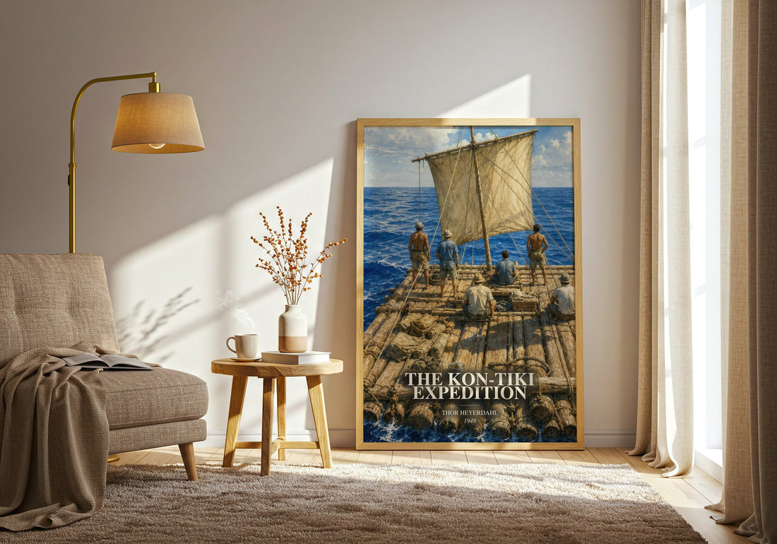 The Kon-Tiki Expedition watercolour print in frame leaning in hallway – non fiction wall art