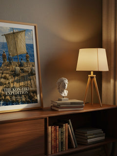 The Kon-Tiki Expedition watercolour print on bookshelf – Thor Heyerdahl fan gift