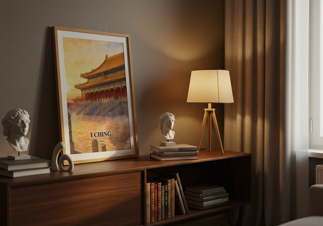 I Ching watercolour print on bookshelf – China fan gift