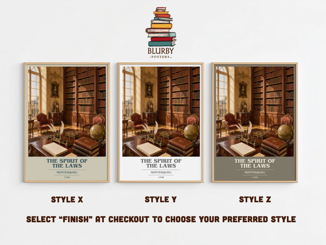 The Spirit Of The Laws book cover print in frame leaning in hallway – philosophy wall art (mockup)