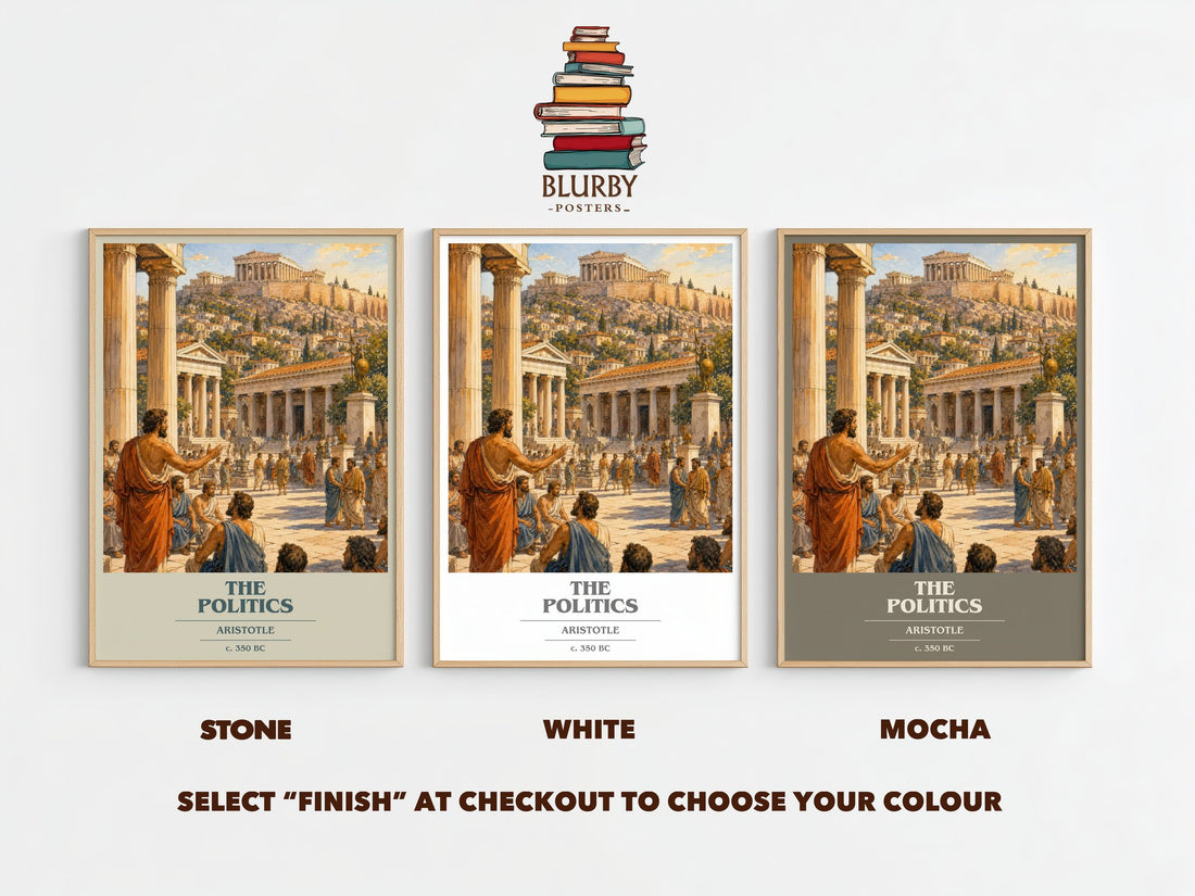 The Politics book cover print framed by window – Stone, White and Mocha side by side – choose your colour