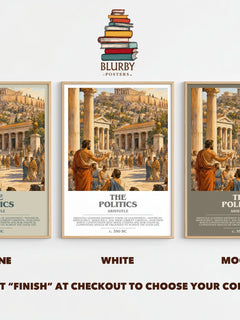 The Politics bookish print framed by window – Stone, White and Mocha side by side – choose your colour