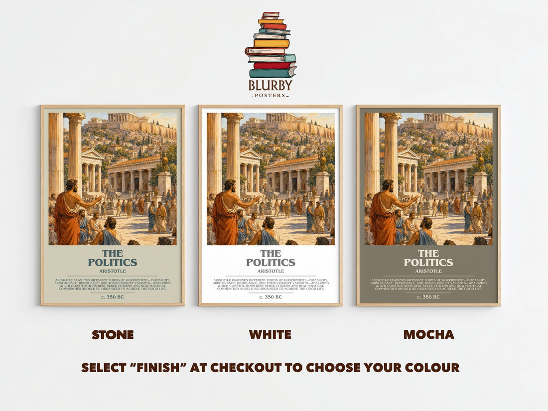 The Politics bookish print framed by window – Stone, White and Mocha side by side – choose your colour
