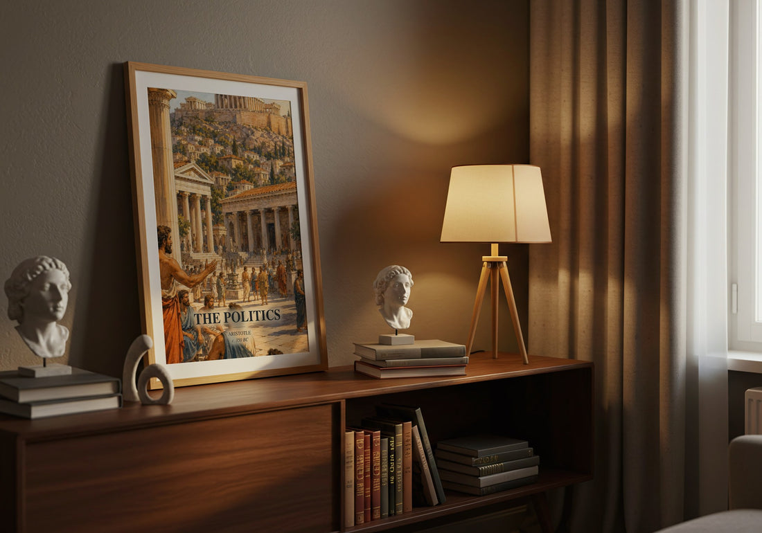 The Politics watercolour print on bookshelf – Aristotle fan gift