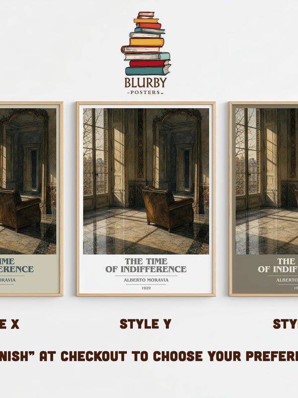 The Time of Indifference book cover print in frame leaning in hallway – literary fiction wall art