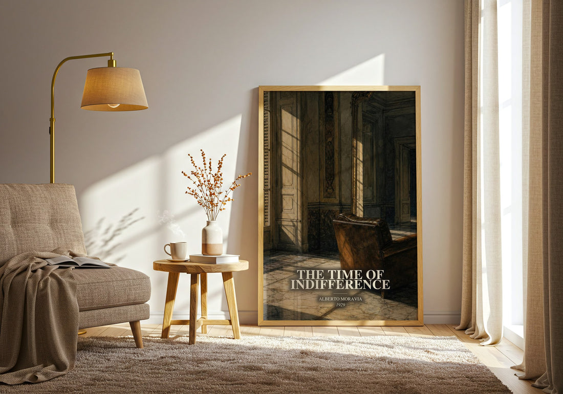 The Time of Indifference watercolour print in frame leaning in hallway – literary fiction wall art