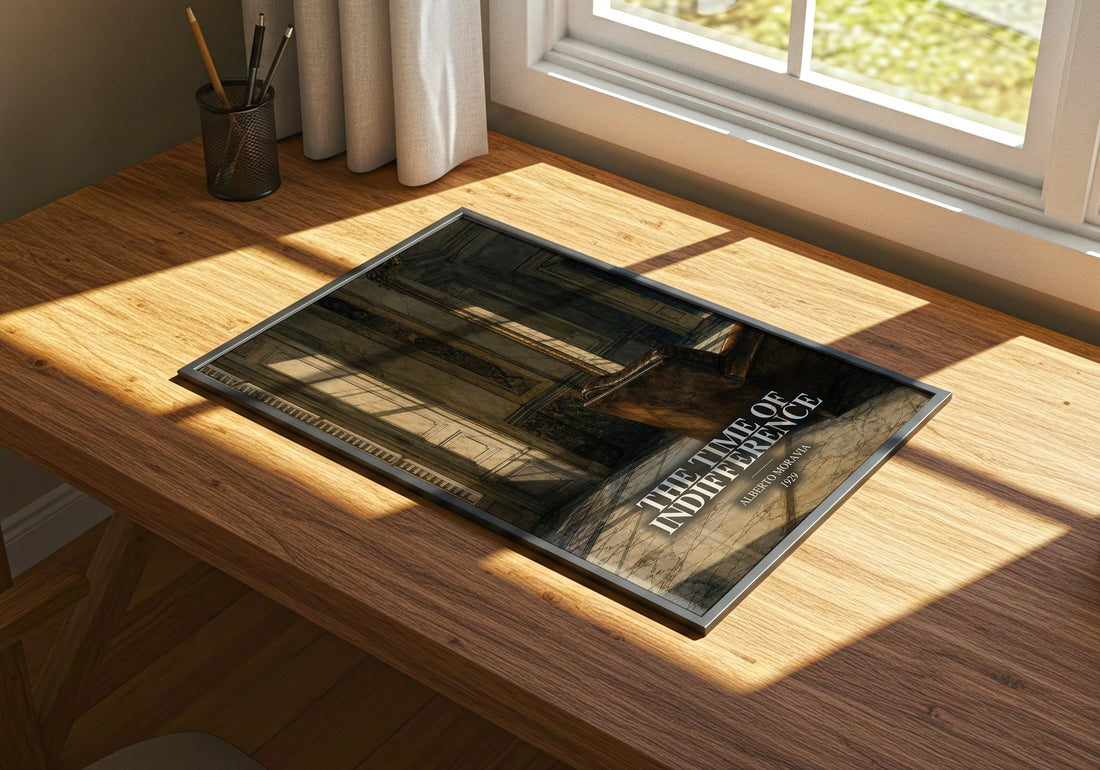 The Time of Indifference watercolour book poster framed on wall – literary fiction wall art