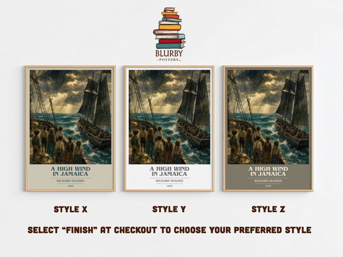 A High Wind in Jamaica book cover print in frame leaning in hallway – literary fiction wall art