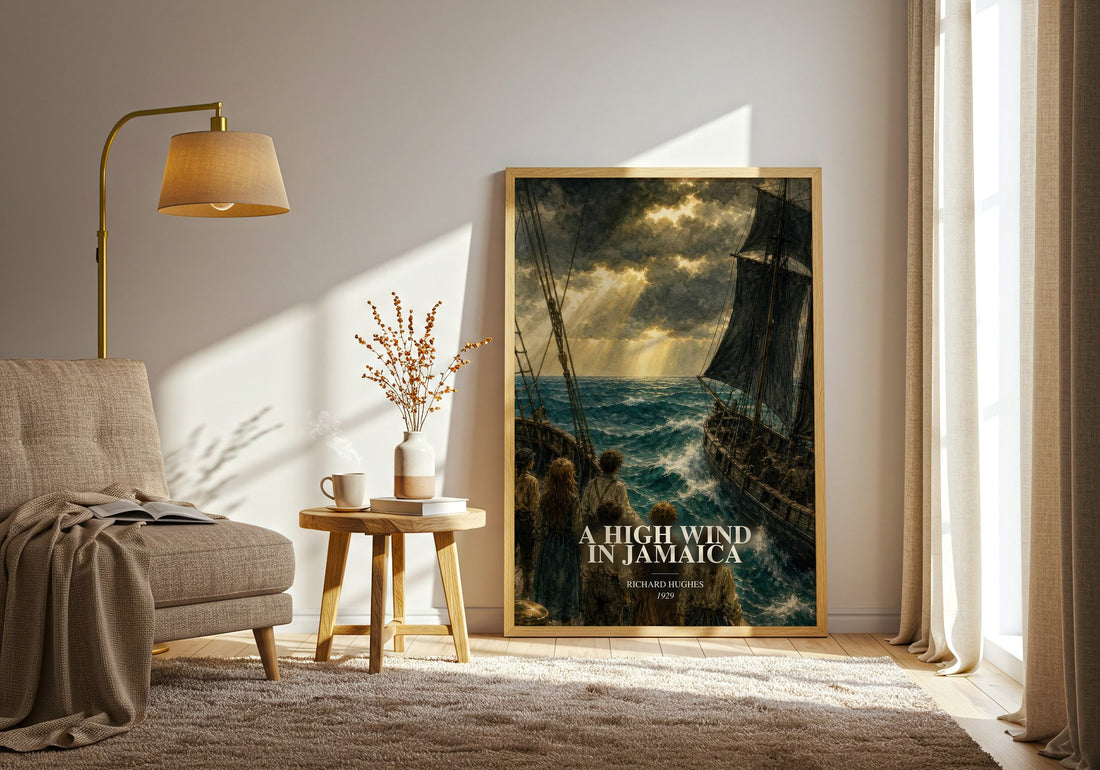 A High Wind in Jamaica watercolour print in frame leaning in hallway – literary fiction wall art