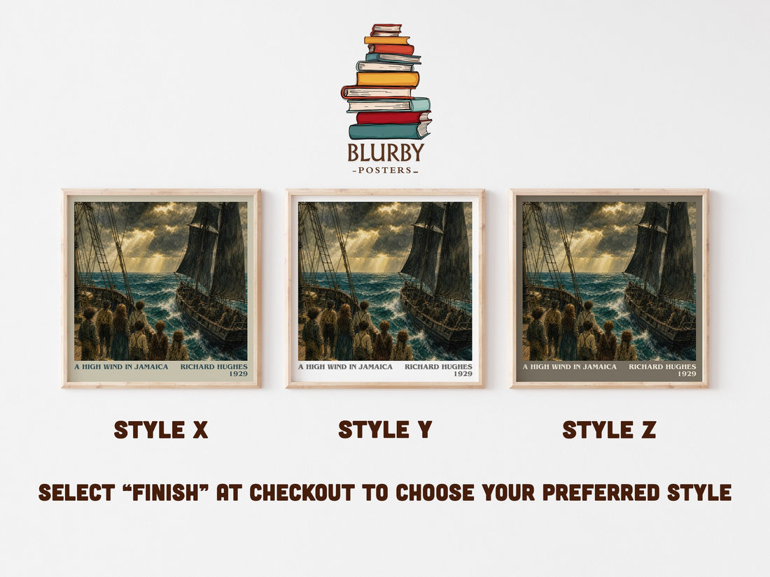 A High Wind in Jamaica literary print in frame leaning in hallway – literary fiction wall art (mockup)