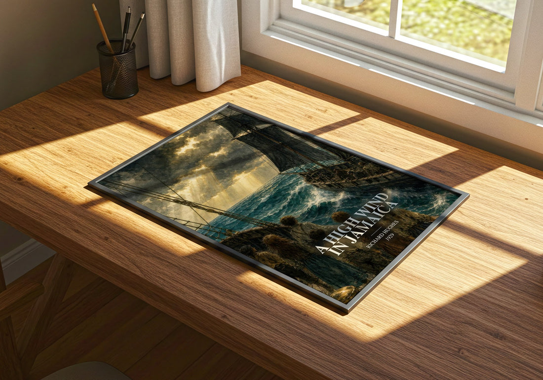 A High Wind in Jamaica watercolour book poster framed on wall – literary fiction wall art