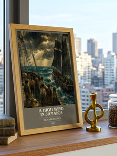 A High Wind in Jamaica book cover print framed by window – literary home decor