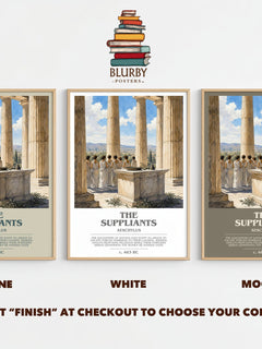 The Suppliants bookish print framed by window – Stone, White and Mocha side by side – choose your colour