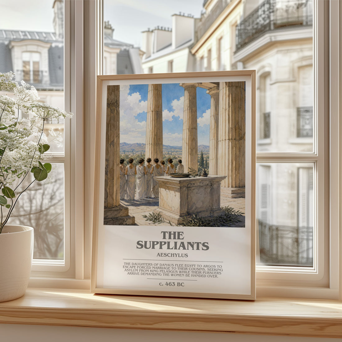 The Suppliants bookish print in frame leaning in hallway – classic literature wall art