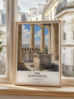 The Suppliants book cover print in frame leaning in hallway – classic literature wall art