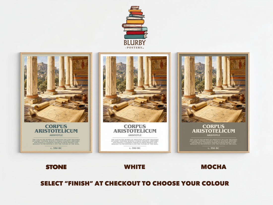 Corpus Aristotelicum bookish print framed by window – Stone, White and Mocha side by side – choose your colour