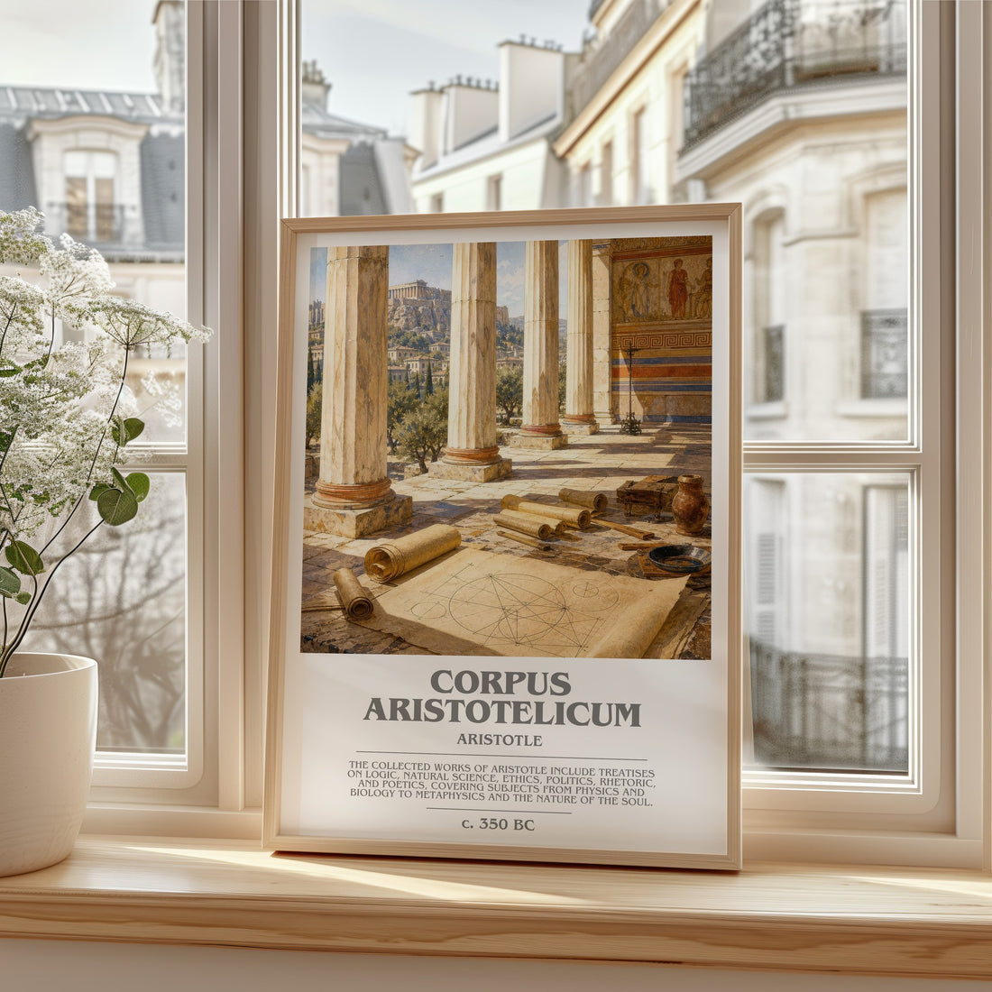 Corpus Aristotelicum bookish print in frame leaning in hallway – philosophy wall art