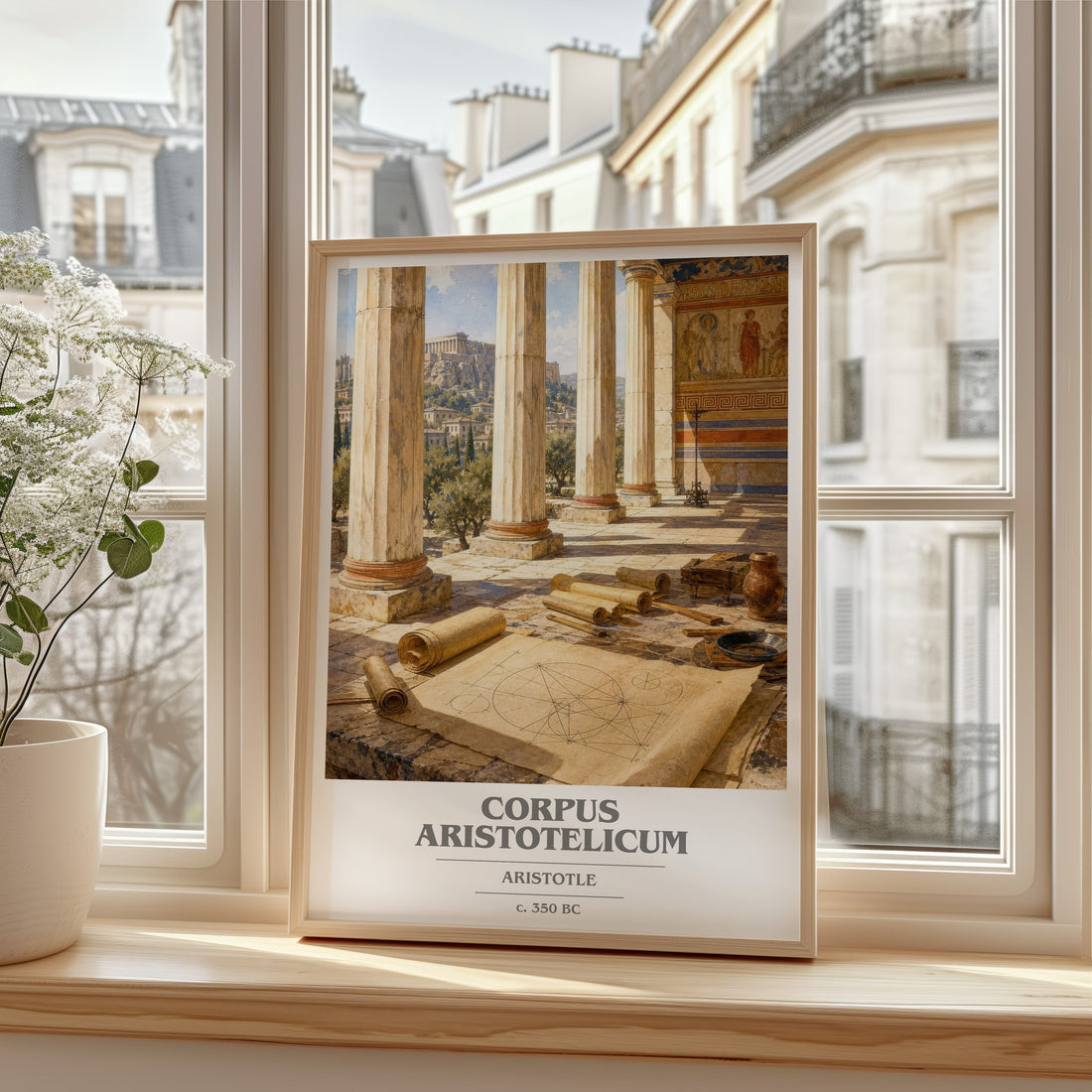 Corpus Aristotelicum book cover print in frame leaning in hallway – philosophy wall art