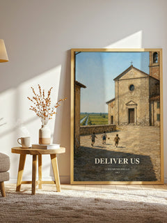 Deliver Us watercolour print in frame leaning in hallway – memoir wall art
