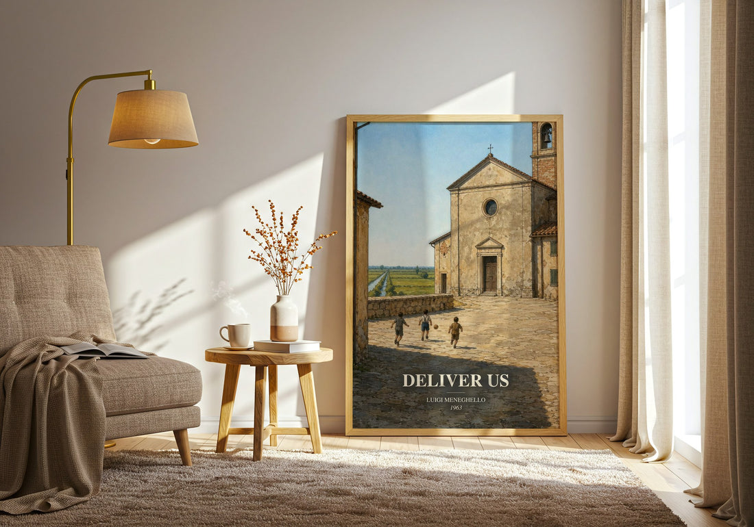 Deliver Us watercolour print in frame leaning in hallway – memoir wall art