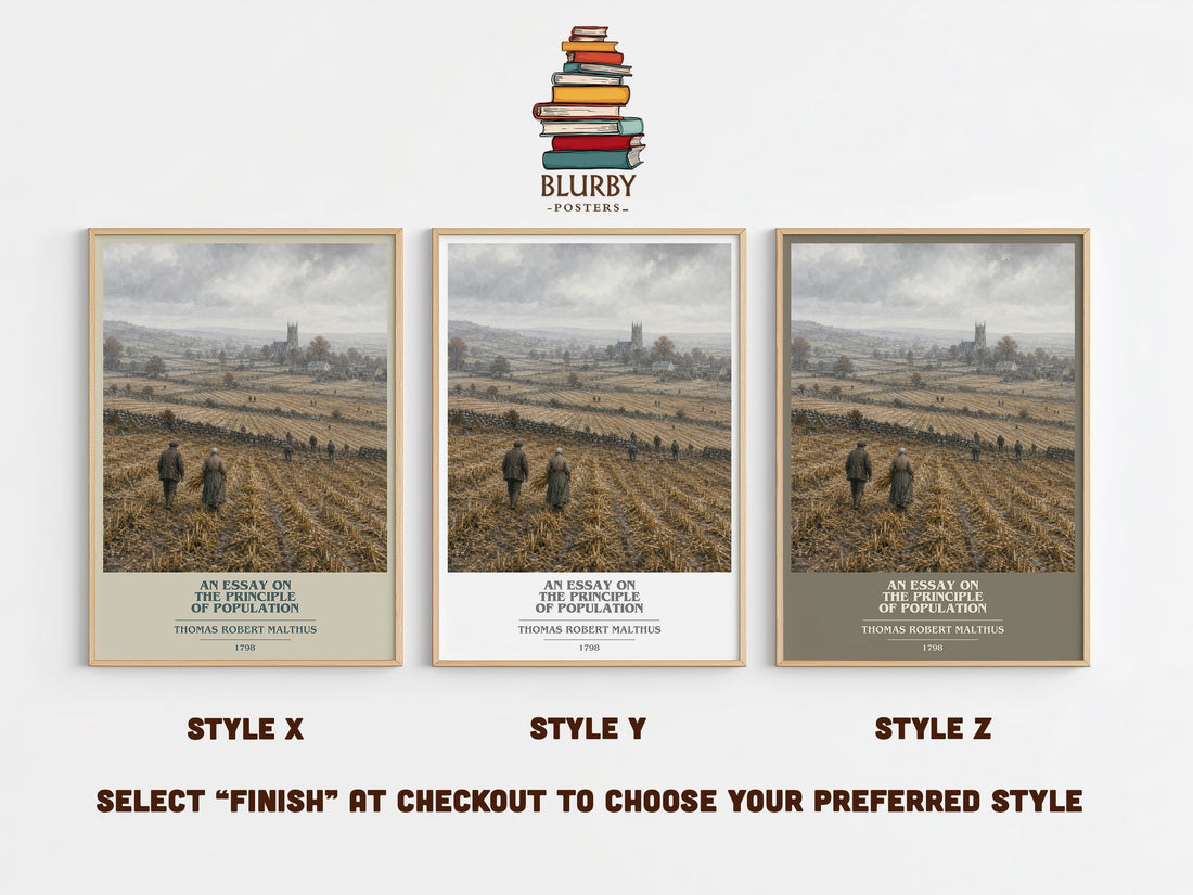 An Essay on the Principle of Population book cover print in frame leaning in hallway – non fiction wall art (mockup)
