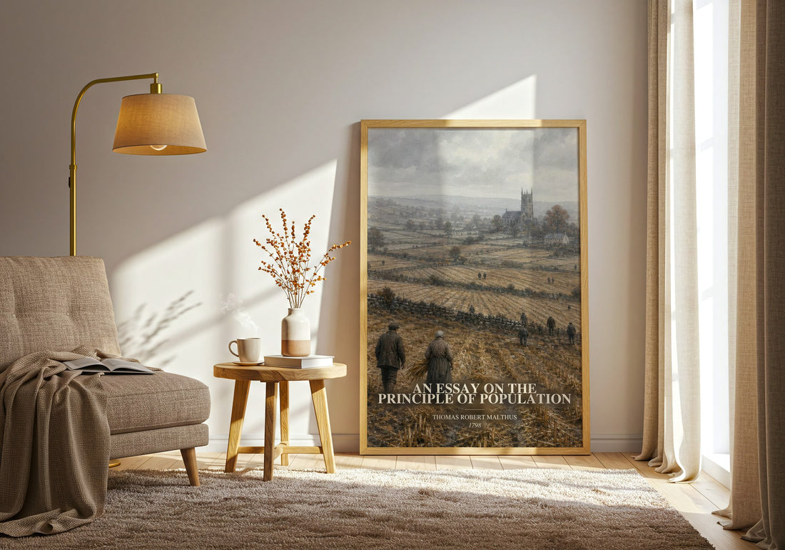 An Essay on the Principle of Population watercolour print in frame leaning in hallway – non fiction wall art