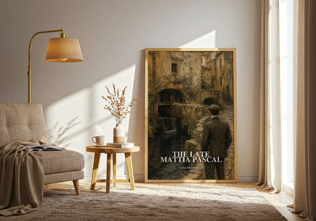 The Late Mattia Pascal watercolour print in frame leaning in hallway – literary fiction wall art