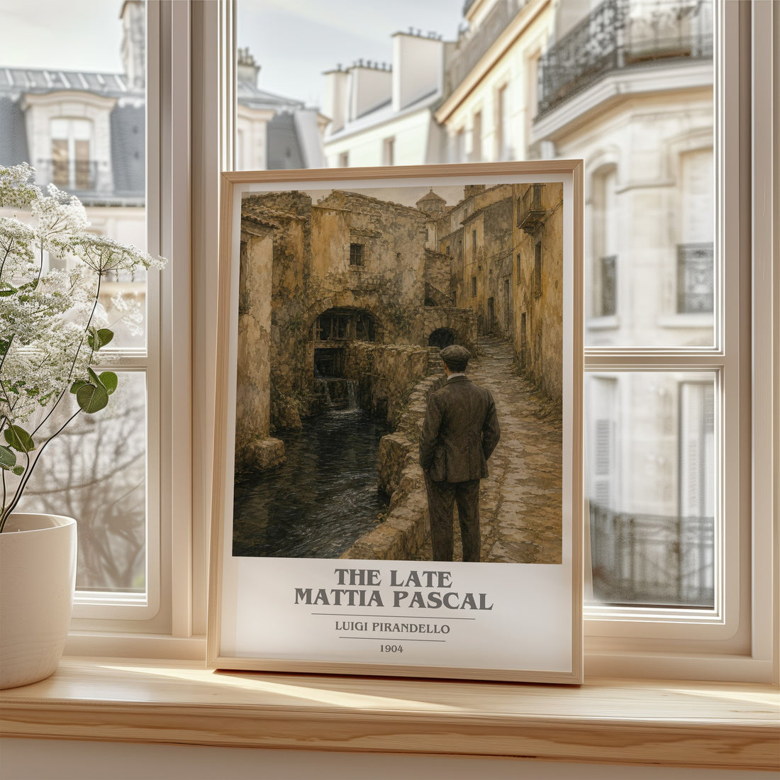 The Late Mattia Pascal Book Cover Poster by Luigi Pirandello – framed print by a bright window