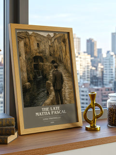 The Late Mattia Pascal Book Cover Poster by Luigi Pirandello – framed print on a city-view windowsill