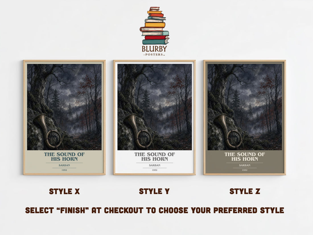 The Sound Of His Horn book cover print in frame leaning in hallway – dystopian wall art (mockup)