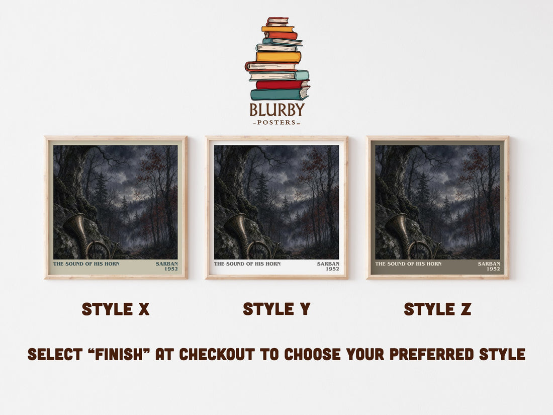 The Sound Of His Horn literary print in frame leaning in hallway – dystopian wall art (mockup)