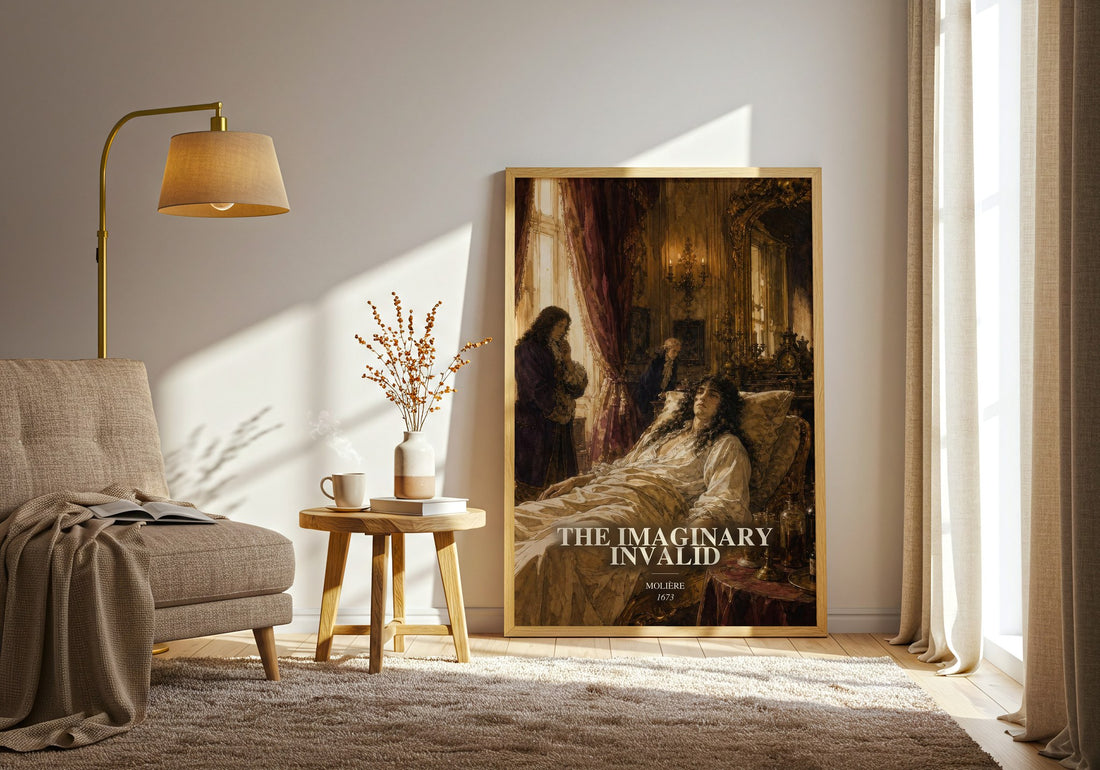 The Imaginary Invalid watercolour print in frame leaning in hallway – classic literature wall art