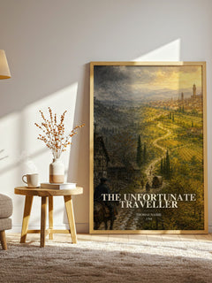 The Unfortunate Traveller watercolour print in frame leaning in hallway – classic literature wall art
