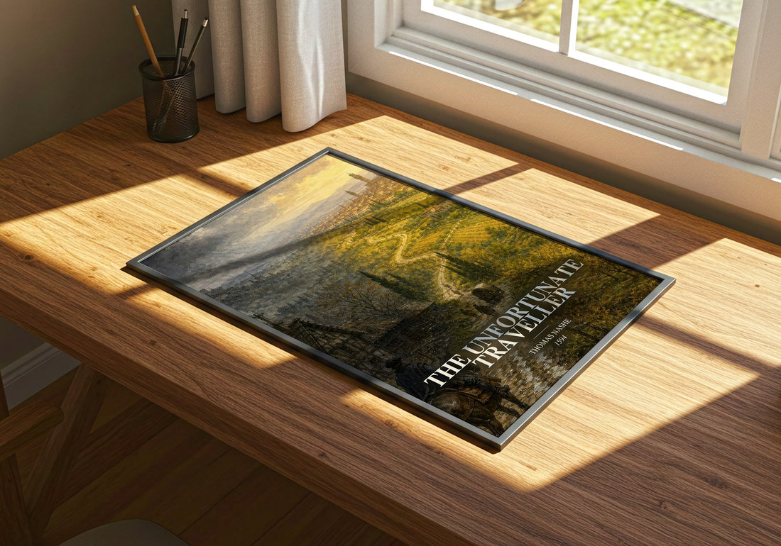 The Unfortunate Traveller watercolour book poster framed on wall – classic literature wall art