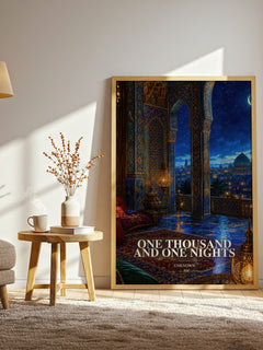 One Thousand and One Nights watercolour print in frame leaning in hallway – classic literature wall art
