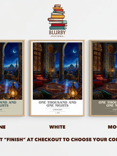 One Thousand and One Nights book cover print framed by window – Stone, White and Mocha side by side – choose your colour
