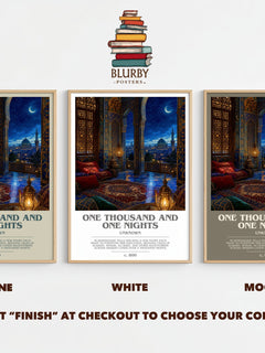 One Thousand and One Nights bookish print framed by window – Stone, White and Mocha side by side – choose your colour