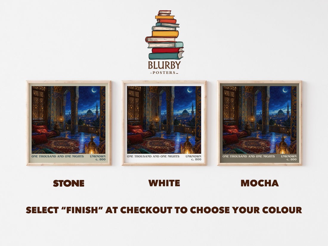 One Thousand and One Nights literary print framed by window – Stone, White and Mocha square prints side by side – choose your colour
