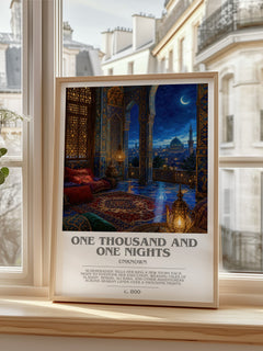 One Thousand and One Nights bookish print in frame leaning in hallway – classic literature wall art