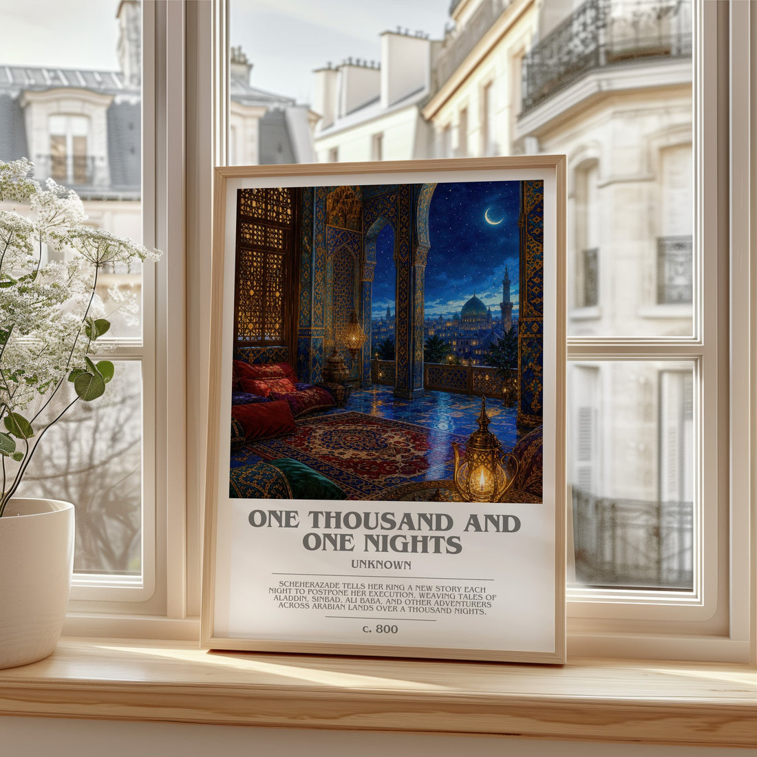 One Thousand and One Nights bookish print in frame leaning in hallway – classic literature wall art