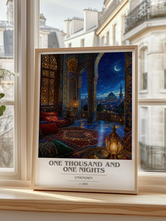 One Thousand and One Nights book cover print in frame leaning in hallway – classic literature wall art