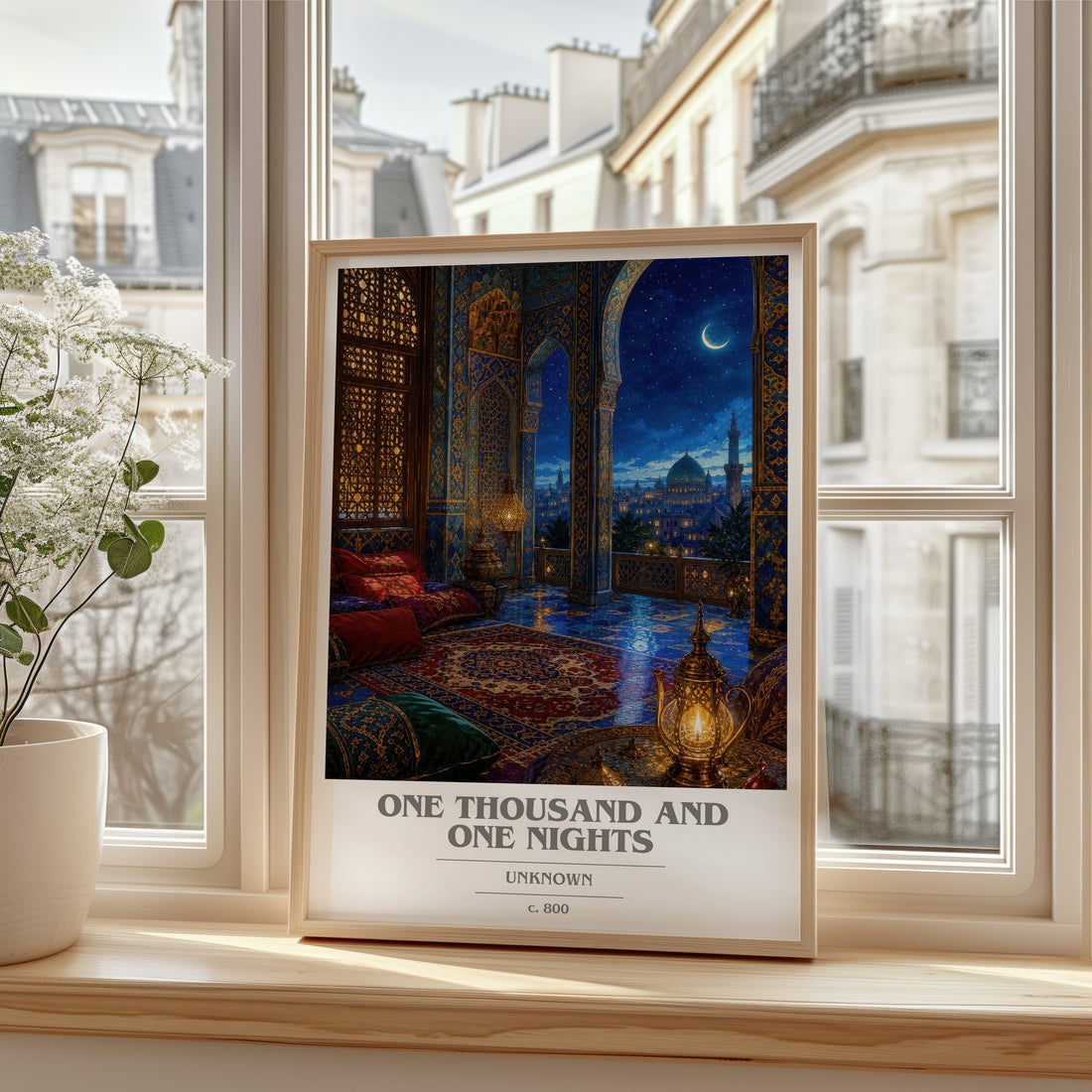 One Thousand and One Nights book cover print in frame leaning in hallway – classic literature wall art