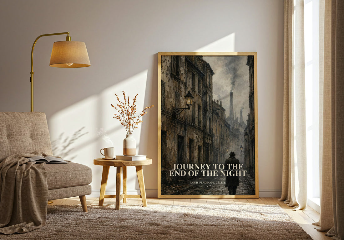 Journey to the End of The Night watercolour print in frame leaning in hallway – literary fiction wall art