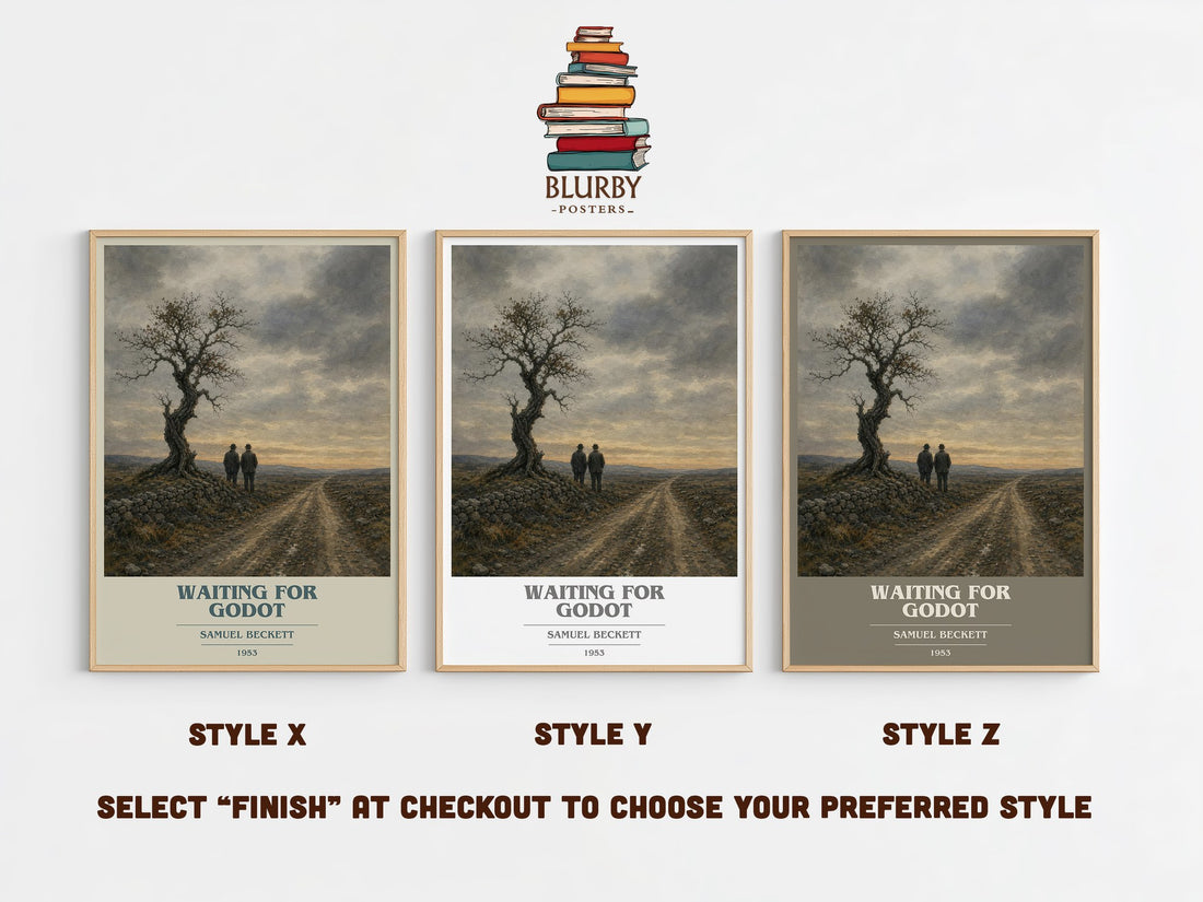 Waiting for Godot book cover print in frame leaning in hallway – philosophy wall art (mockup)