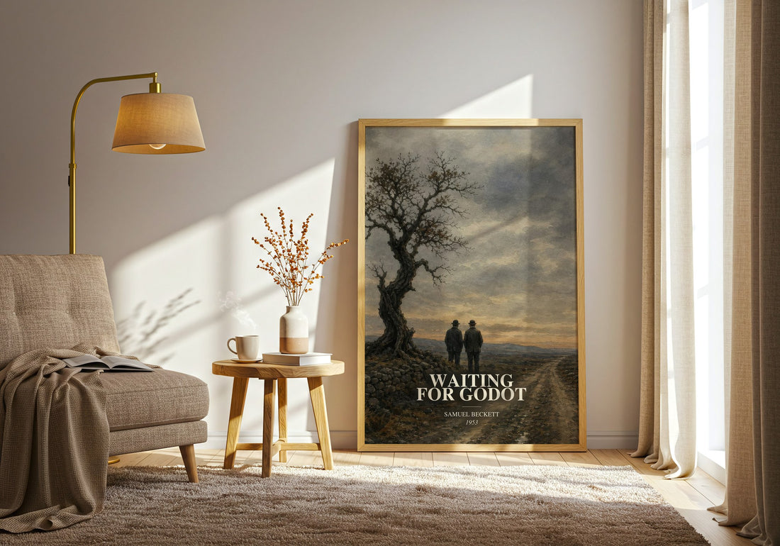 Waiting for Godot watercolour print in frame leaning in hallway – philosophy wall art
